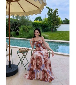FCSE61027003 Casual Resort Style Printed Slim Fit Backless Spaghetti Strap Long Dress