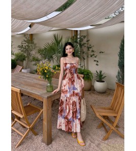 FCSE61027003 Casual Resort Style Printed Slim Fit Backless Spaghetti Strap Long Dress