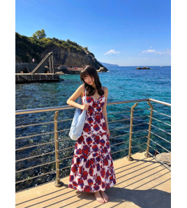 FCSE61027004 Casual Style Fashionable Printed Slim Fit Spaghetti Strap Long Dress