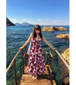 FCSE61027004 Casual Style Fashionable Printed Slim Fit Spaghetti Strap Long Dress