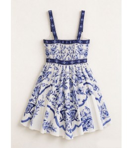 FCSE61027006 Casual Vacation Style Printed Spaghetti Strap Fit Short Dress