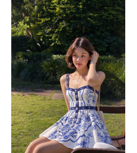 FCSE61027006 Casual Vacation Style Printed Spaghetti Strap Fit Short Dress