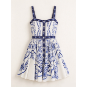 FCSE61027006 Casual Vacation Style Printed Spaghetti Strap Fit Short Dress