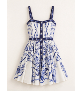 FCSE61027006 Casual Vacation Style Printed Spaghetti Strap Fit Short Dress