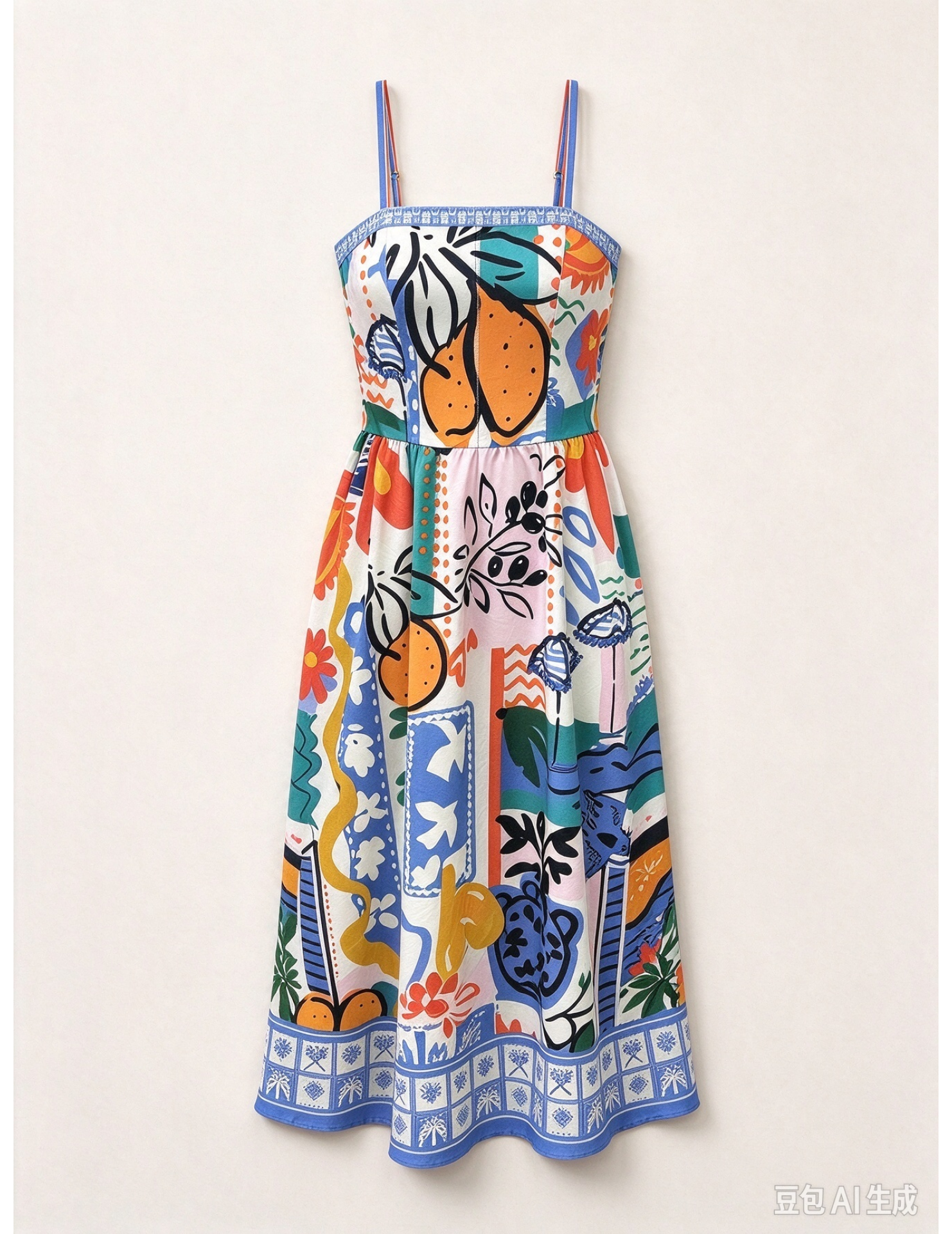 FCSE61027007 Graffiti Print Spaghetti Strap Waist Fitted Full Skirt Colorful Abstract Painting Vacation Style Dress