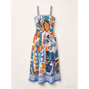 FCSE61027007 Graffiti Print Spaghetti Strap Waist Fitted Full Skirt Colorful Abstract Painting Vacation Style Dress