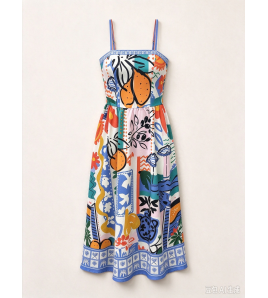 FCSE61027007 Graffiti Print Spaghetti Strap Waist Fitted Full Skirt Colorful Abstract Painting Vacation Style Dress