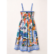 FCSE61027007 Graffiti Print Spaghetti Strap Waist Fitted Full Skirt Colorful Abstract Painting Vacation Style Dress