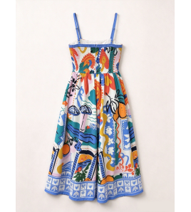 FCSE61027007 Graffiti Print Spaghetti Strap Waist Fitted Full Skirt Colorful Abstract Painting Vacation Style Dress