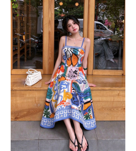 FCSE61027007 Graffiti Print Spaghetti Strap Waist Fitted Full Skirt Colorful Abstract Painting Vacation Style Dress