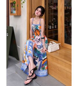 FCSE61027007 Graffiti Print Spaghetti Strap Waist Fitted Full Skirt Colorful Abstract Painting Vacation Style Dress