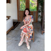 FCSE61028001 V-neck floral print jumpsuit, short-sleeved design, resort style, A-line midi skirt, beachwear.