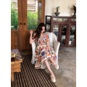 FCSE61028001 V-neck floral print jumpsuit, short-sleeved design, resort style, A-line midi skirt, beachwear.