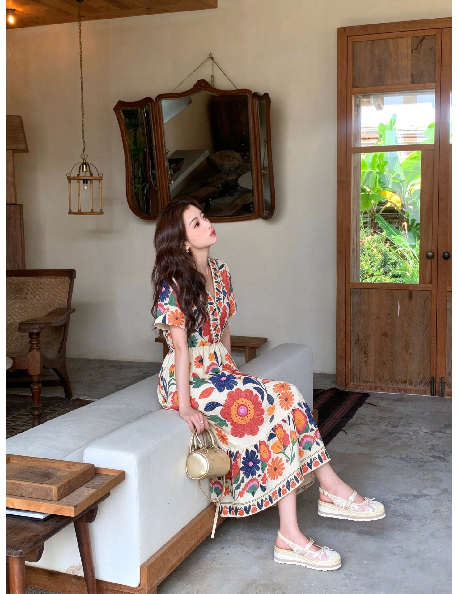 FCSE61028001 V-neck floral print jumpsuit, short-sleeved design, resort style, A-line midi skirt, beachwear.