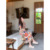FCSE61028001 V-neck floral print jumpsuit, short-sleeved design, resort style, A-line midi skirt, beachwear.