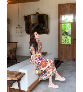 FCSE61028001 V-neck floral print jumpsuit, short-sleeved design, resort style, A-line midi skirt, beachwear.