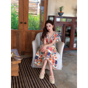 FCSE61028001 V-neck floral print jumpsuit, short-sleeved design, resort style, A-line midi skirt, beachwear.