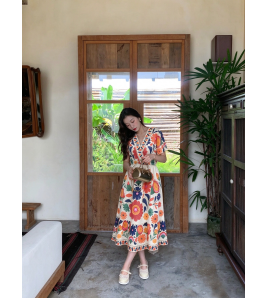 FCSE61028001 V-neck floral print jumpsuit, short-sleeved design, resort style, A-line midi skirt, beachwear.