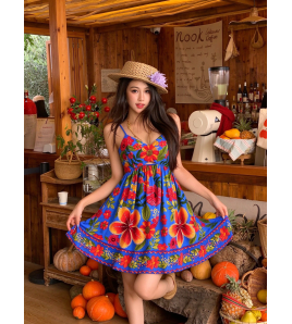 FCSE61028002 Sleeveless High-Waisted Floral Print Full-Sleeve Spaghetti Strap Dress