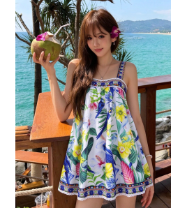 FCSE61028003 Lace off-the-shoulder tie-dyed print seaside proof beach dress
