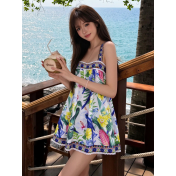 FCSE61028003 Lace off-the-shoulder tie-dyed print seaside proof beach dress