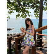 FCSE61028003 Lace off-the-shoulder tie-dyed print seaside proof beach dress