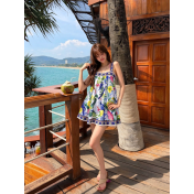 FCSE61028003 Lace off-the-shoulder tie-dyed print seaside proof beach dress