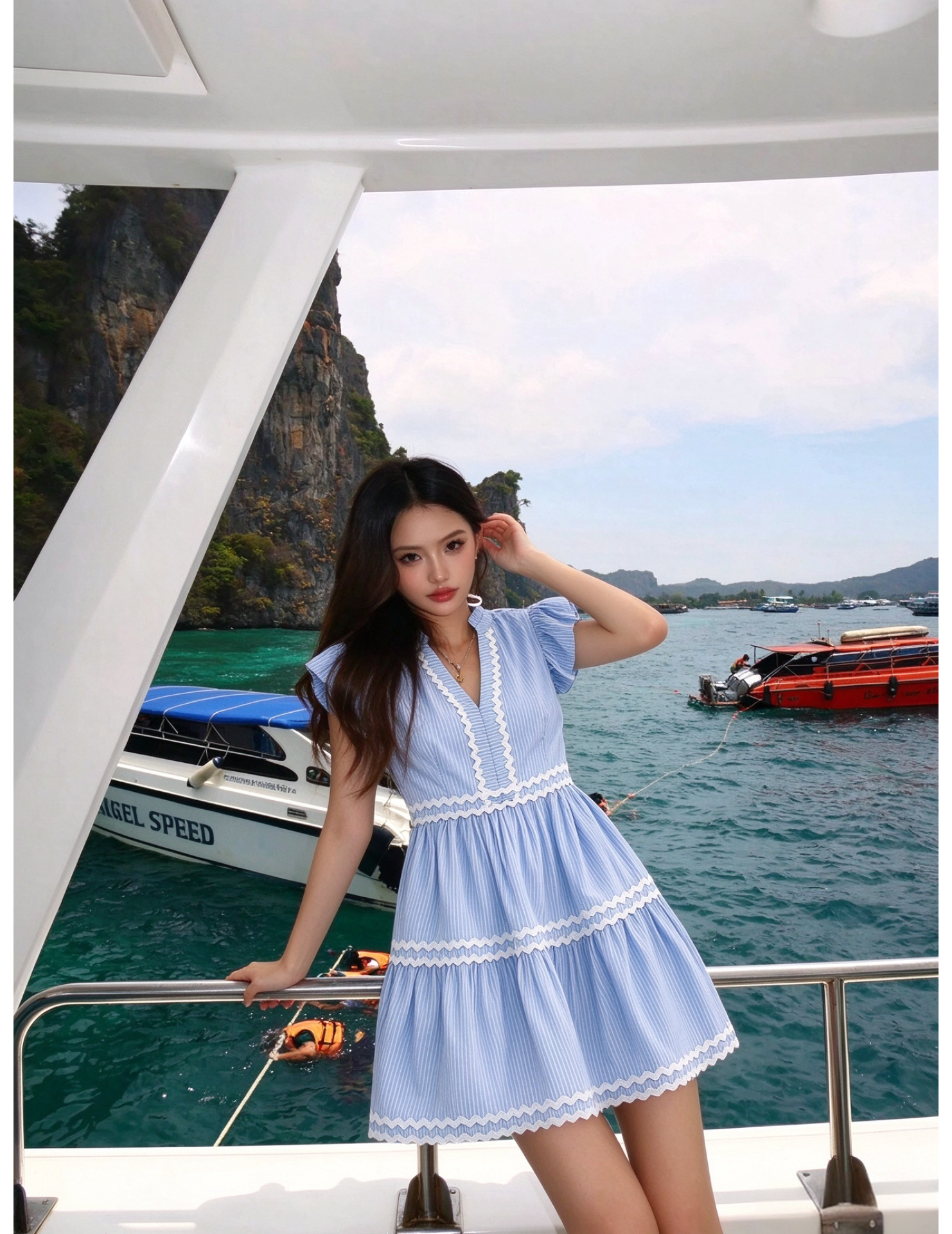 FCSE61030001 Resort-style fashionable striped patchwork dress with ruffled sleeves and color-blocked design, slimming A-line silhouette.