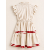 FCSE61030001 Resort-style fashionable striped patchwork dress with ruffled sleeves and color-blocked design, slimming A-line silhouette.