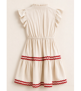 FCSE61030001 Resort-style fashionable striped patchwork dress with ruffled sleeves and color-blocked design, slimming A-line silhouette.