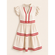 FCSE61030001 Resort-style fashionable striped patchwork dress with ruffled sleeves and color-blocked design, slimming A-line silhouette.