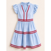 FCSE61030001 Resort-style fashionable striped patchwork dress with ruffled sleeves and color-blocked design, slimming A-line silhouette.