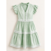 FCSE61030001 Resort-style fashionable striped patchwork dress with ruffled sleeves and color-blocked design, slimming A-line silhouette.