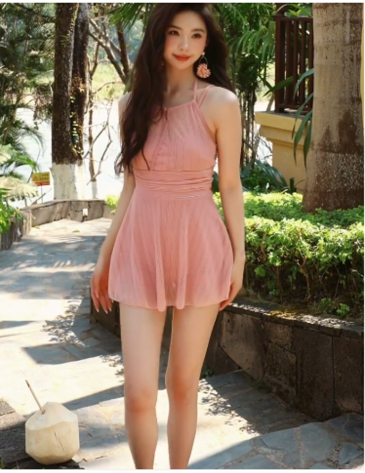 HSPN61010001 - A swimsuit for young girls with a pure yet alluring vibe, youthful, sweet, conservative, and gentle style, featuring a push-up, slim fit, and a flat-chested silhouette.