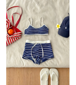 HSPN61016001 Blue striped island style Korean minimalist versatile flattering two-piece blue striped shorts swimsuit