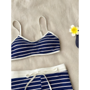 HSPN61016001 Blue striped island style Korean minimalist versatile flattering two-piece blue striped shorts swimsuit