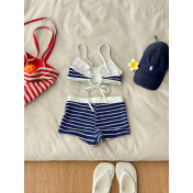 HSPN61016001 Blue striped island style Korean minimalist versatile flattering two-piece blue striped shorts swimsuit