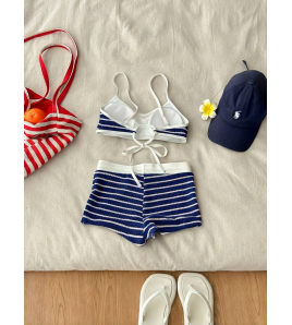 HSPN61016001 Blue striped island style Korean minimalist versatile flattering two-piece blue striped shorts swimsuit