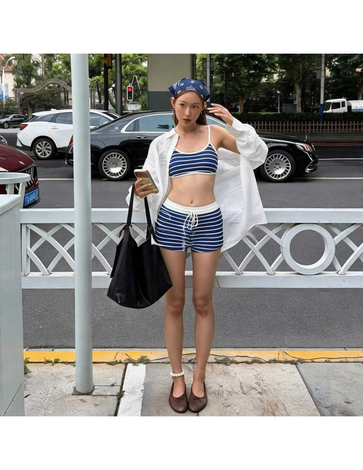 HSPN61016001 Blue striped island style Korean minimalist versatile flattering two-piece blue striped shorts swimsuit