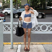 HSPN61016001 Blue striped island style Korean minimalist versatile flattering two-piece blue striped shorts swimsuit