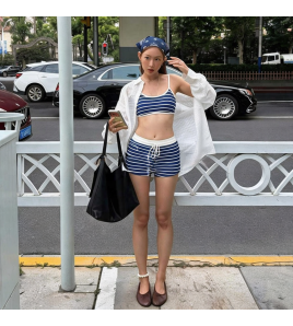 HSPN61016001 Blue striped island style Korean minimalist versatile flattering two-piece blue striped shorts swimsuit