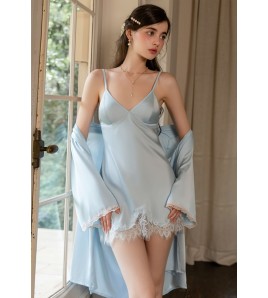 LPLT61004002 Satin Luxury Pajamas Set with Padded Bra, 3D Push-Up Fit, Lace Trim, Camisole, and Outer Robe