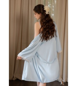 LPLT61004002 Satin Luxury Pajamas Set with Padded Bra, 3D Push-Up Fit, Lace Trim, Camisole, and Outer Robe