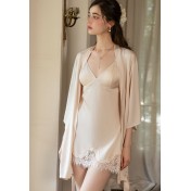 LPLT61004002 Satin Luxury Pajamas Set with Padded Bra, 3D Push-Up Fit, Lace Trim, Camisole, and Outer Robe
