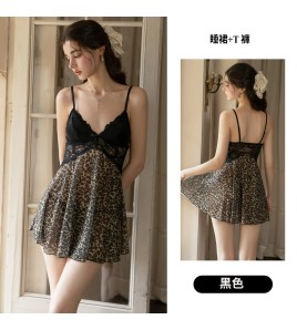 LPLT61008001 Deep V Low-Cut Push-Up Bra Pads See-Through Leopard Print Nightgown and Robe Set