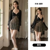 LPLT61008001 Deep V Low-Cut Push-Up Bra Pads See-Through Leopard Print Nightgown and Robe Set