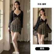 LPLT61008001 Deep V Low-Cut Push-Up Bra Pads See-Through Leopard Print Nightgown and Robe Set