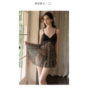 LPLT61008001 Deep V Low-Cut Push-Up Bra Pads See-Through Leopard Print Nightgown and Robe Set