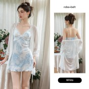 LPLT61024001 Satin Pads, Sweet Lace, Sexy Backless Printed Camisole Nightgown/Robe Set