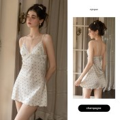 LPLT61024001 Satin Pads, Sweet Lace, Sexy Backless Printed Camisole Nightgown/Robe Set